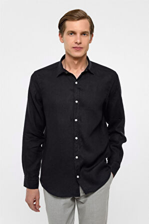 Siyah Regular Fit Düz Klasik Yaka Gömlek