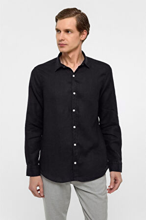 Siyah Regular Fit Düz Klasik Yaka Gömlek