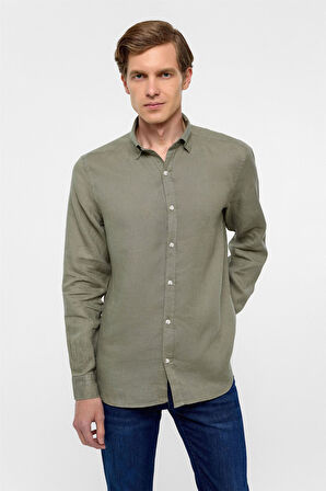 Haki Regular Fit Düz Klasik Yaka Gömlek