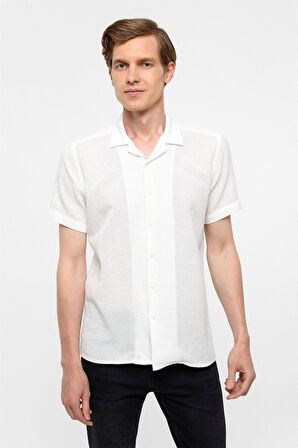 Ekru Slim Fit Düz Apaş Yaka Gömlek