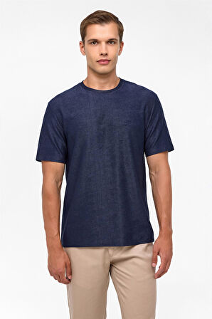 Lacivert Regular Desenli Bisiklet Yaka Tişört