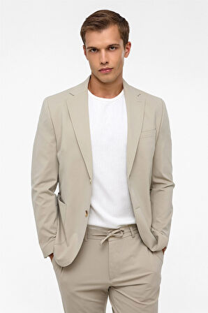 Bej Slim Düz Mono Yaka 6 Drop Spor Takım Elbise