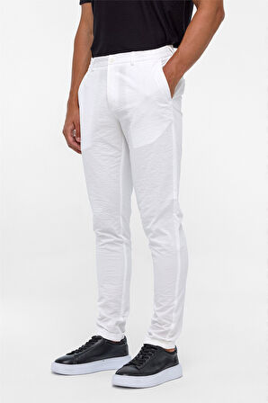 Beyaz Slim Armürlü Jogger Pantolon