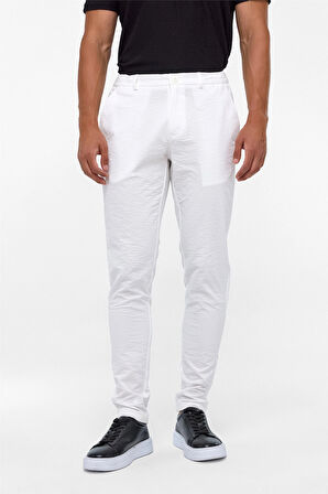 Beyaz Slim Armürlü Jogger Pantolon