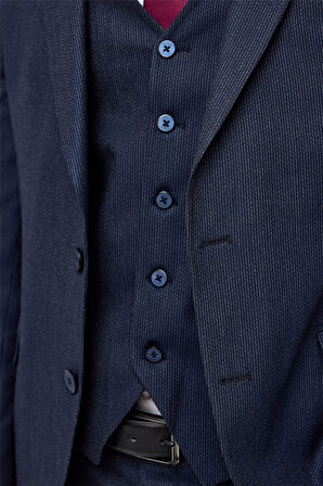 Lacivert Slim Desenli Mono Yaka 6 Drop Yelekli Takım Elbise