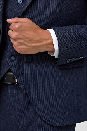 Lacivert Slim Desenli Mono Yaka 6 Drop Yelekli Takım Elbise