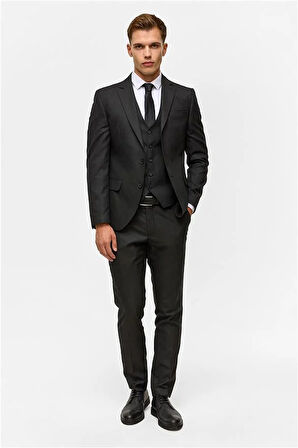 Siyah Slim Desenli Mono Yaka 6 Drop Yelekli Takım Elbise