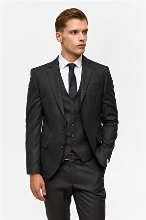 Siyah Slim Desenli Mono Yaka 6 Drop Yelekli Takım Elbise