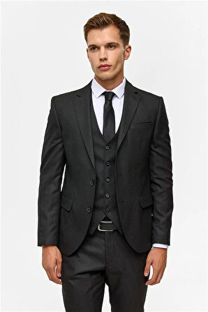 Siyah Slim Desenli Mono Yaka 6 Drop Yelekli Takım Elbise