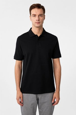 Siyah Regular Düz Polo Yaka Tişört