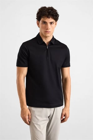 Siyah Regular Düz Fermuarlı Polo Yaka Tişört