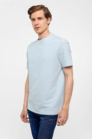 Buz Mavi Regular Armürlü Bisiklet Yaka Tişört