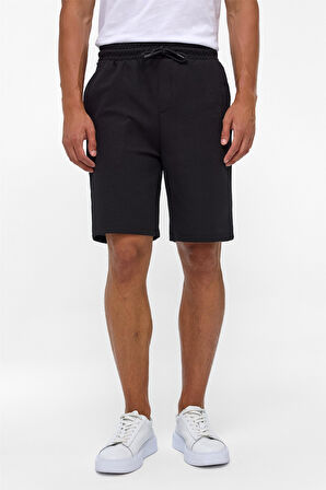 Siyah Regular Armürlü Örme Şort