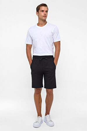 Siyah Regular Armürlü Örme Şort