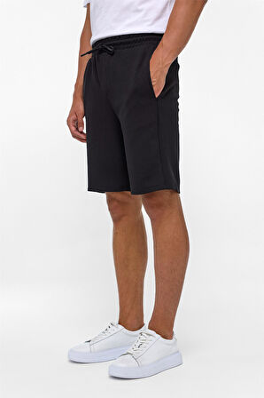 Siyah Regular Armürlü Örme Şort