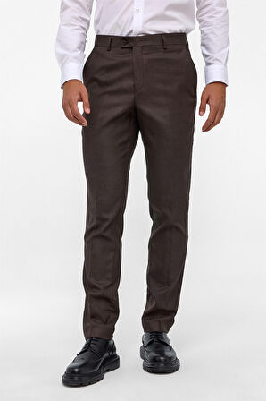 Koyu Kahve Slim Fit Armürlü Kumaş Pantolon