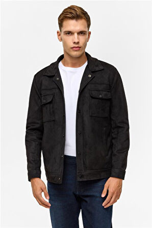 Siyah Slim Düz Klasik Yaka Mont