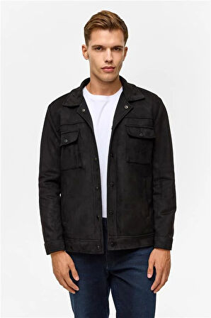 Siyah Slim Düz Klasik Yaka Mont