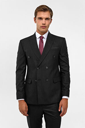 Siyah Slim Çizgili Sivri Yaka 6 Drop Takım Elbise