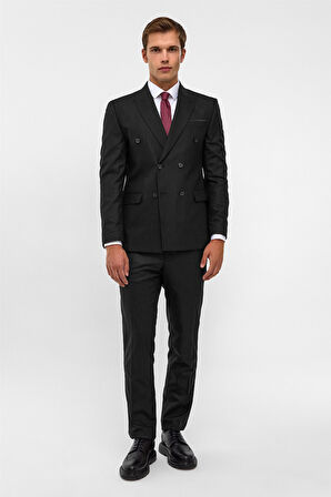 Siyah Slim Çizgili Sivri Yaka 6 Drop Takım Elbise