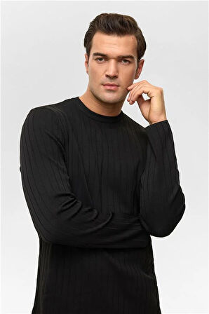 Siyah Regular Desenli Bisiklet Yaka Triko