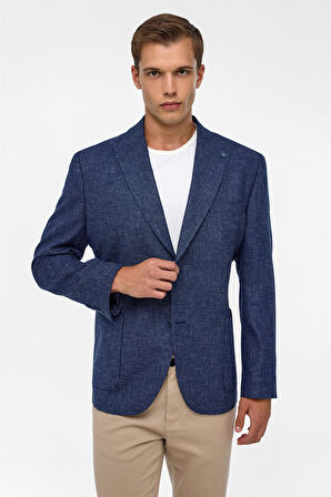 Lacivert Regular Desenli Sivri Yaka 4 Drop Ceket