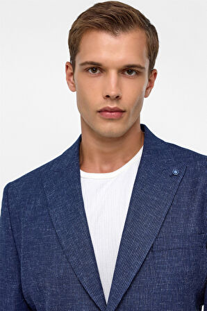 Lacivert Regular Desenli Sivri Yaka 4 Drop Ceket