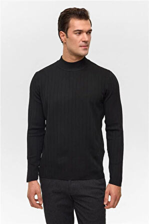 Siyah Regular Desenli Bisiklet Yaka Triko