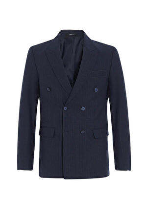 Lacivert Slim Çizgili Sivri Yaka 6 Drop Takım Elbise