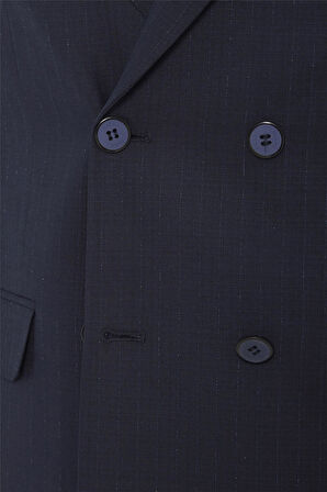 Lacivert Slim Çizgili Sivri Yaka 6 Drop Takım Elbise