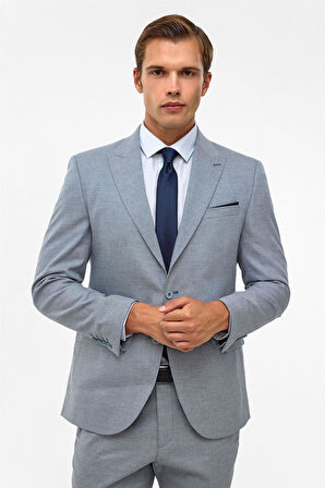 Saks Mavi Slim Desenli Mono Yaka 6 Drop Takım Elbise