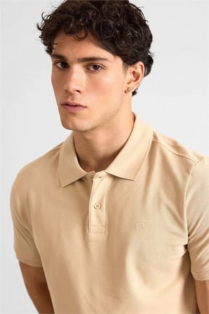 Bej Slim Düz Baskısız Pike Düğmeli Polo Yaka Tişört