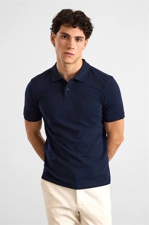 Lacivert Slim Düz Baskısız Pike Düğmeli Polo Yaka Tişört