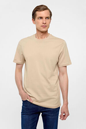Bej Regular Düz Bisiklet Yaka Tişört