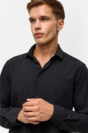 Siyah Slim Klasik Yaka Düz Casual Gömlek