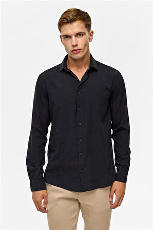Siyah Slim Düz Klasik Yaka Gömlek