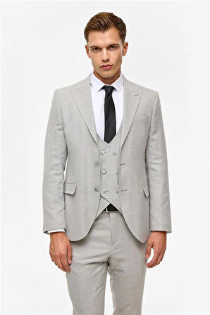 Gri Slim Desenli Sivri Yaka 6 Drop Yelekli Takım Elbise