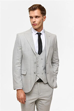 Gri Slim Desenli Sivri Yaka 6 Drop Yelekli Takım Elbise