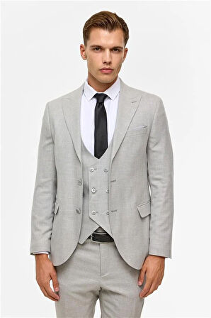 Gri Slim Desenli Sivri Yaka 6 Drop Yelekli Takım Elbise