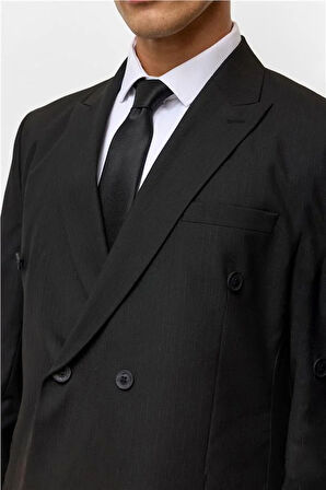 Siyah Regular Çizgili Kruvaze Yaka 6 Drop Takım Elbise