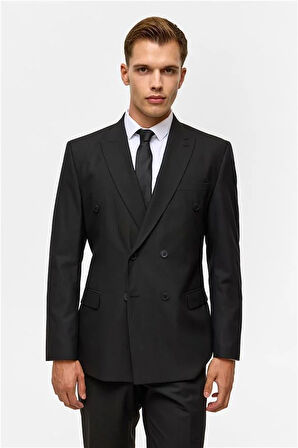 Siyah Regular Çizgili Kruvaze Yaka 6 Drop Takım Elbise