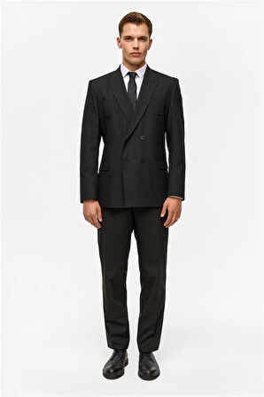 Siyah Regular Çizgili Kruvaze Yaka 6 Drop Takım Elbise