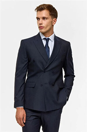 Lacivert Slim Çizgili Kruvaze Yaka 6 Drop Takım Elbise