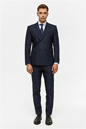 Lacivert Slim Çizgili Kruvaze Yaka 6 Drop Takım Elbise