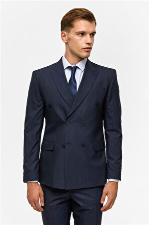 Lacivert Slim Çizgili Kruvaze Yaka 6 Drop Takım Elbise