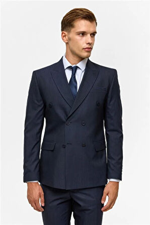 Lacivert Slim Çizgili Kruvaze Yaka 6 Drop Takım Elbise