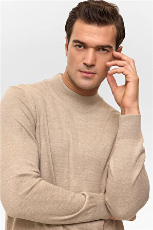 Bej Regular Düz Yarım Balıkçı Yaka Triko