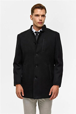 Siyah Regular Düz Hakim Yaka Kaban