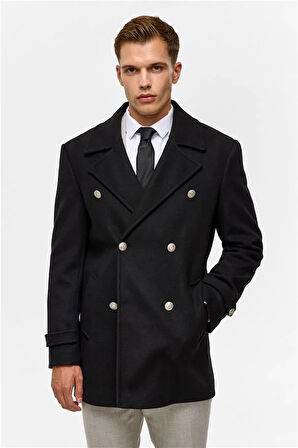 Siyah Slim Düz Kruvaze Yaka Kaban