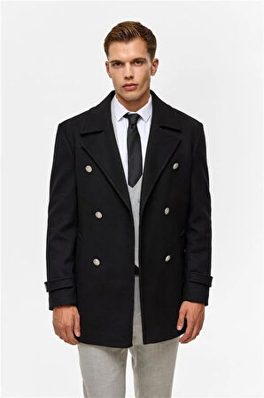 Siyah Slim Düz Kruvaze Yaka Kaban